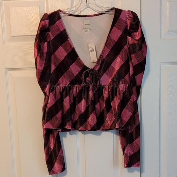 Maeve Tops - Maeve Velvet Babydoll Pink and Maroon Plaid Top NWT